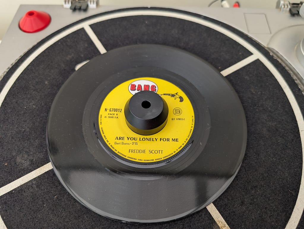 French pressing of Freddie Scott's "Are You Lonely for Me" on the Bang label, purchased in Nice, France.